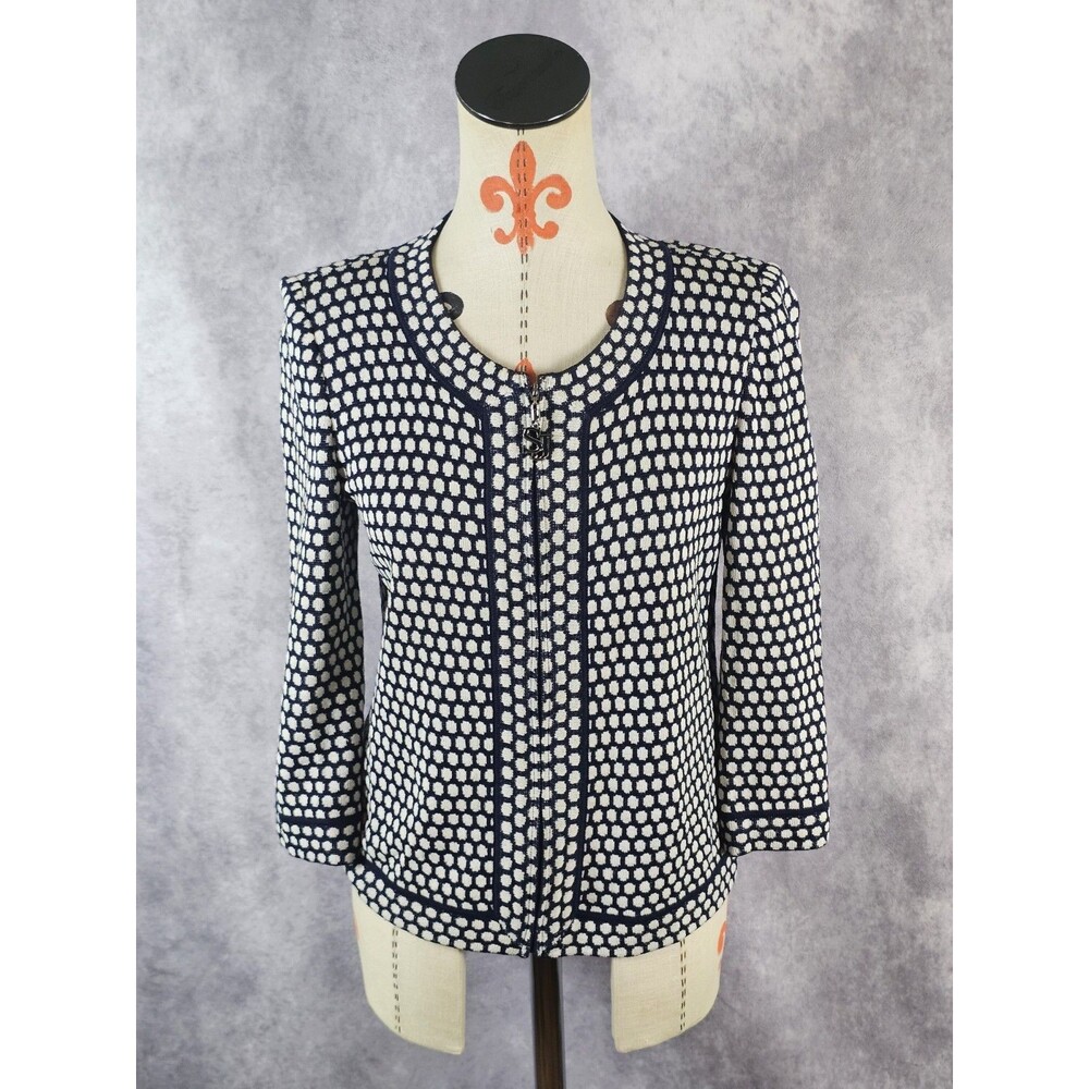 VTG St. John Collection Women 2 Zip Up Santana Knit Cardigan Jacket Navy White